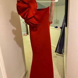 Red ruffle shoulder mermaid style dress